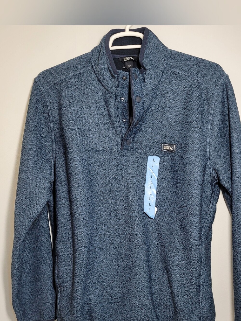 Eddie Bauer Heathered Navy Fleece Quarter-Snap Pullover Sweater large NWT